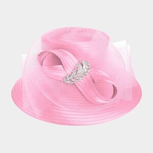 Pink Rhinestone Feather Mesh Bow Organza Dressy Kentucky Derby Church Hat Women